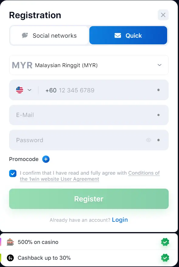 1win Malasya Registration